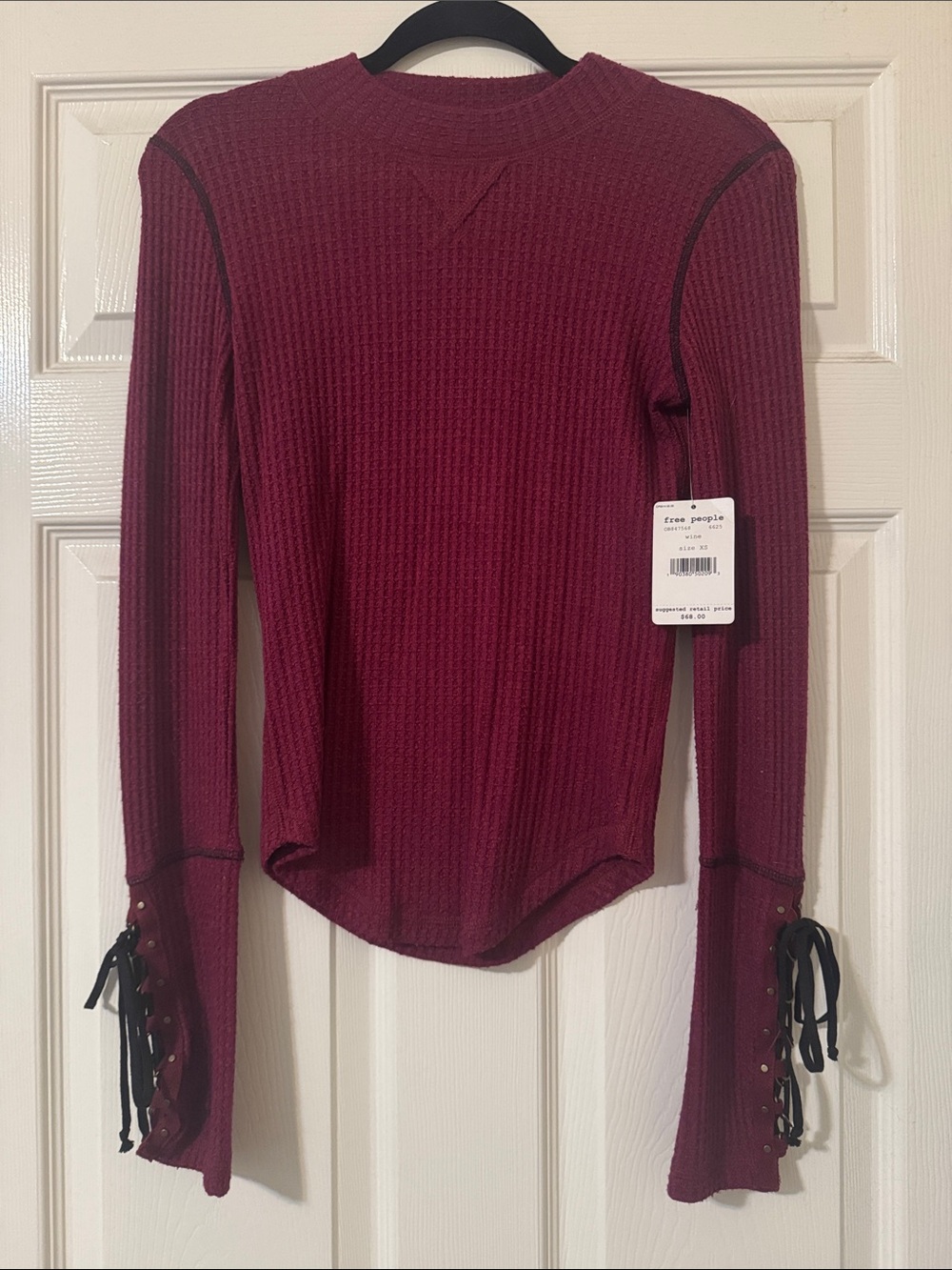 Free People Lace-Up Cuff Ribbed Long Sleeve Top - Wine